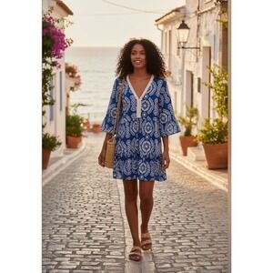 SAIPH Tiered Embroidered Dress L Blue